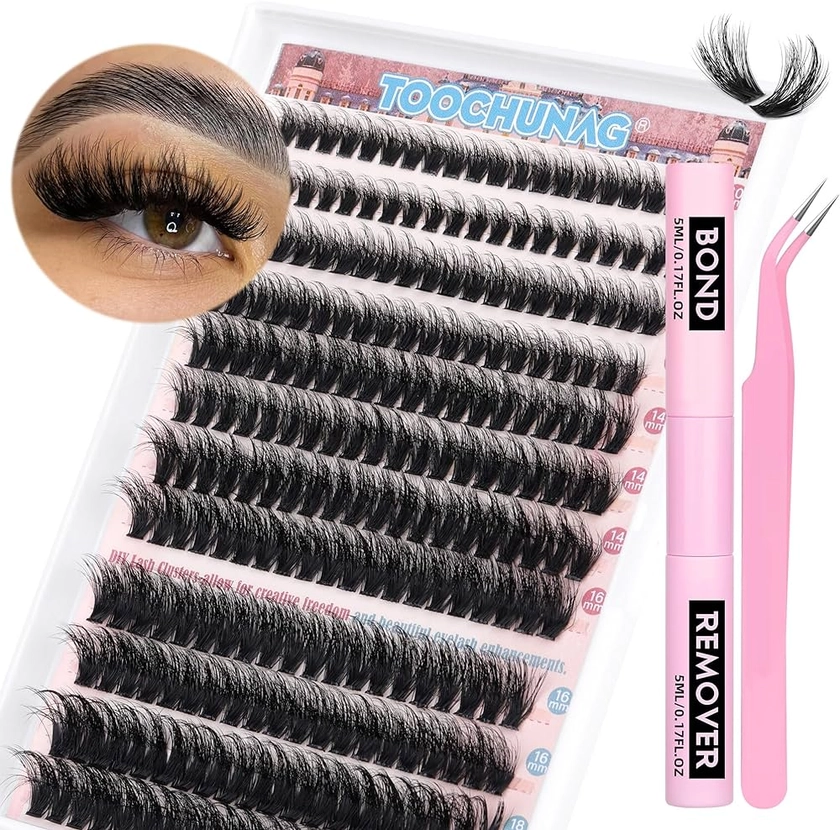 Fluffy Lash Extension Kit with Glue and Remover 80D Individual Lashes Cluster D Curl DIY Eyelash Extension Kit 10-18mm Thick Eyelashes Clusters with Tweezers 240pcs Flat Lash Clusters by TOOCHUNAG