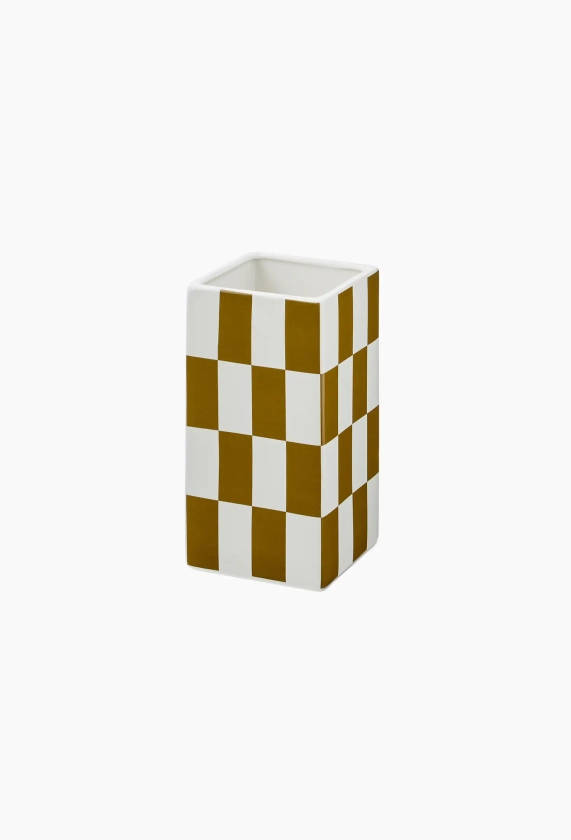 Vase carré pint damier, 10xH20cm, céramique VERT FONCE Monoprix Maison