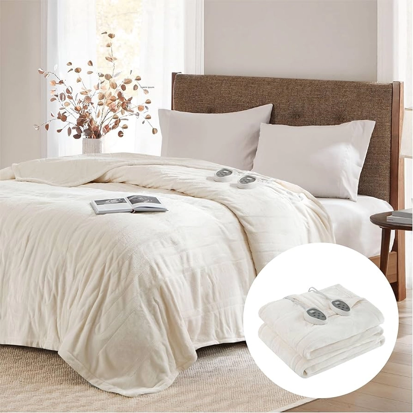 Degrees of Comfort California King Electric Blanket with Dual Controls, Large Fleece Heated Blanket for Bed,auto Shut Off, Machine Washable -Ivory, 100Wx94L