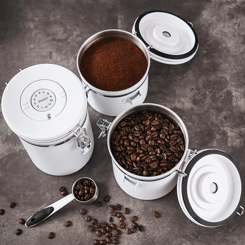 * Stainless Steel Coffee Containers, Coffee Canister For Ground Coffee, Airtight Coffee Container With Measuring Scoop