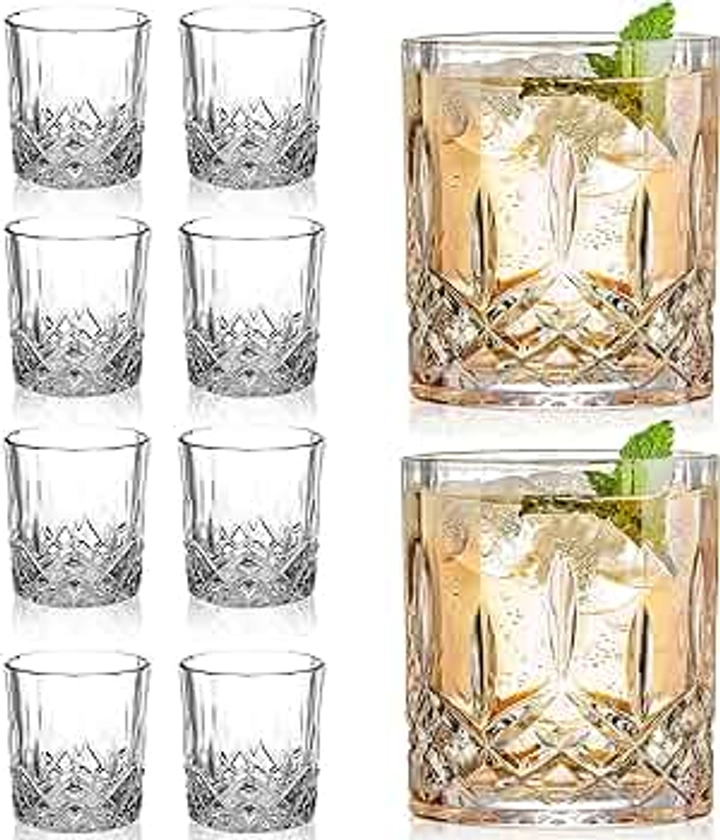 Crystal Whiskey Glasses Set of 8(Buy 6, get 2 Free), 11 OZ Old Fashioned Whiskey Glasses, Bourbon Cocktail Rocks Glasses, Clear Bar Glasses for Drinking Scotch Vodka Tequila Rum Gift for Men