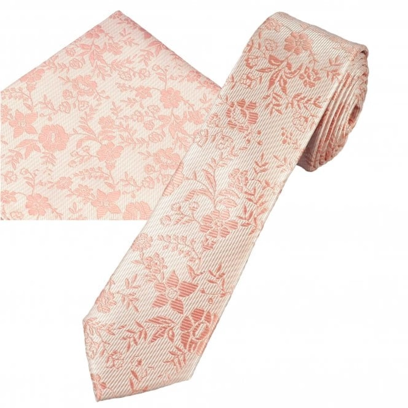 Natural & Dusky Pink Flower Patterned Men's Skinny Tie & Pocket Square Handkerchief Set