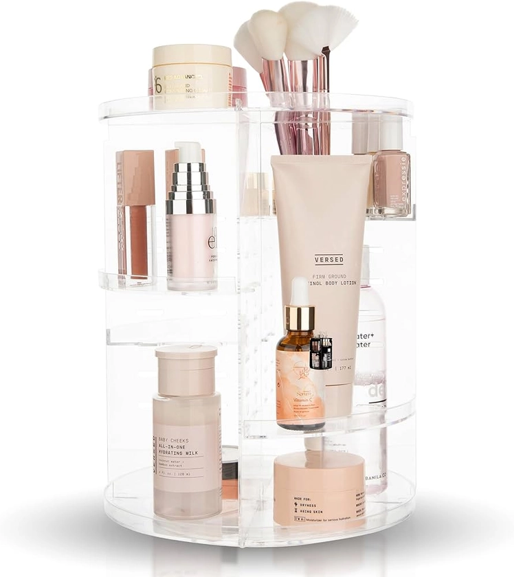 360 Rotating Makeup Organizer - Adjustable Shelf Height and Fully Rotatable. The Perfect Cosmetic Organizer for Bedroom Dresser or Vanity Countertop. (Clear)