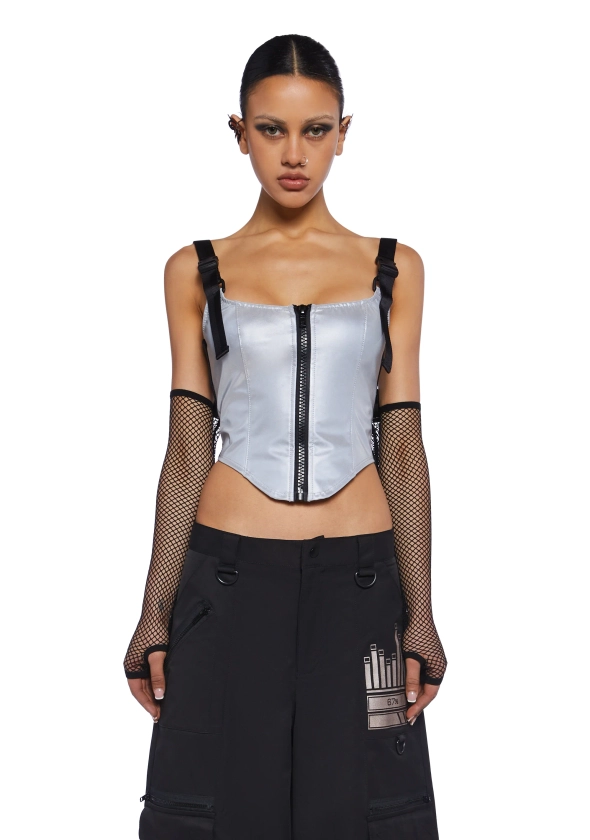 Club Exx Reflective Corset Top With Buckle Straps - Silver