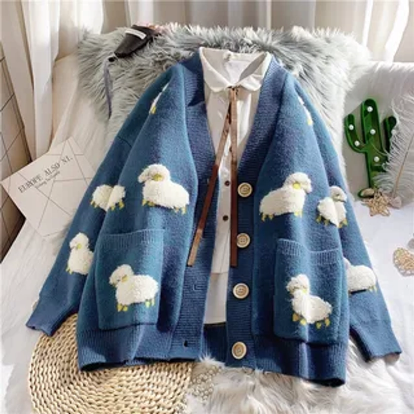 V-Neck Sheep Embroidered Button-Up Cardigan