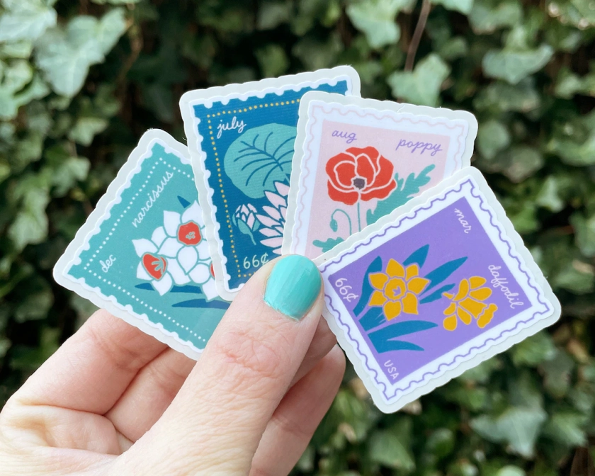 Birth Flower Stamp Stickers - Choose your own - Birthday gift, water bottle sticker, laptop decal