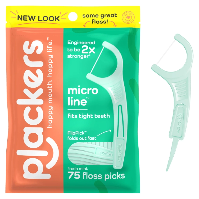 Plackers Micro Line Dental Floss Picks, Fold-Out FlipPick, Tuffloss, Fresh Mint Flavor, 75 Count