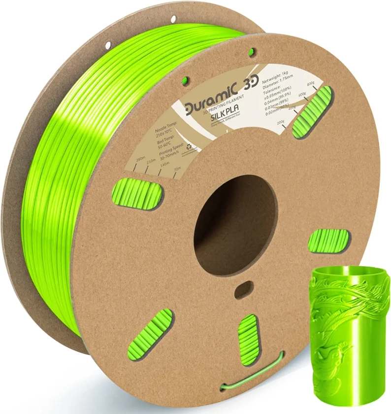 Duramic 3D Shiny Silk PLA Filament 1.75mm Neon Green, Shiny Neon Green PLA Filament Dimensional Accuracy +/- 0.05 mm 1kg Spool(2.2 lbs)
