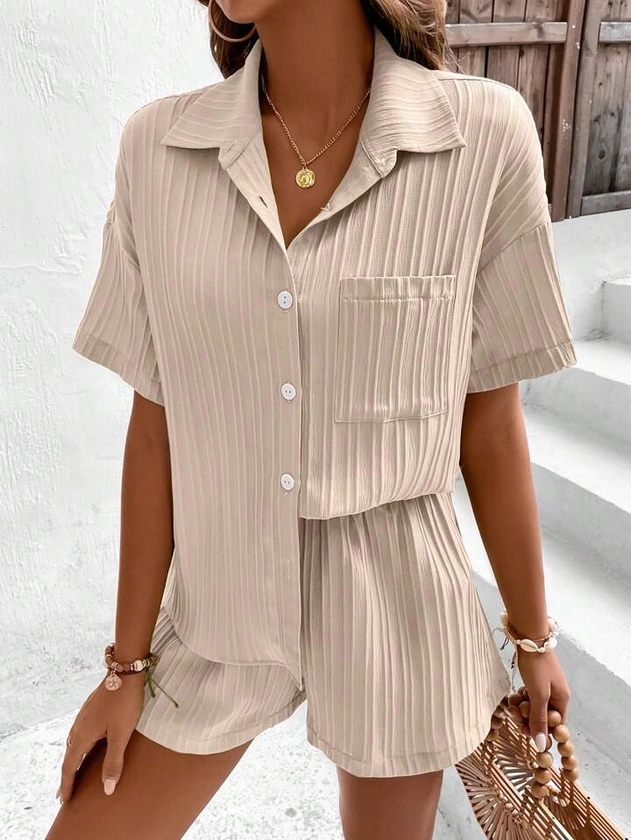SHEIN Essnce Solid Button Front Shirt & Shorts | SHEIN EUQS