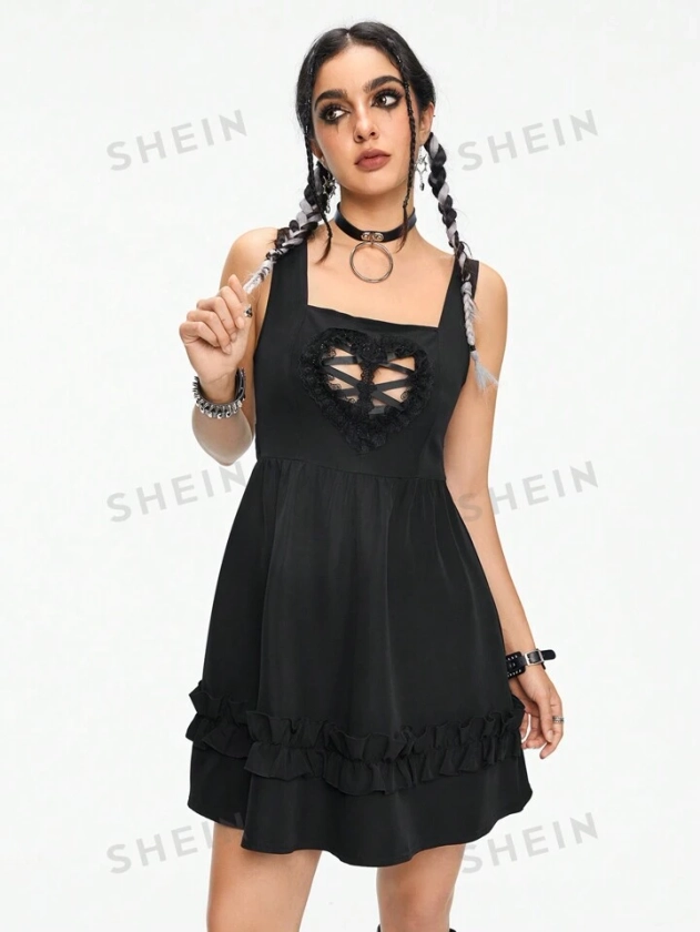ROMWE Goth Vestido en forma de A con tirantes de encaje de contraste y forma de corazón hueco en la parte delantera, diseño de cintura ajustable para vestido de mujer