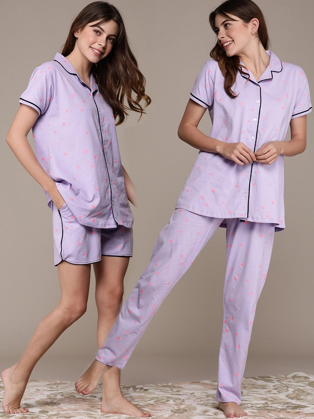 beebelle Women Lavender & Pink Printed Pure Cotton Nightsuit