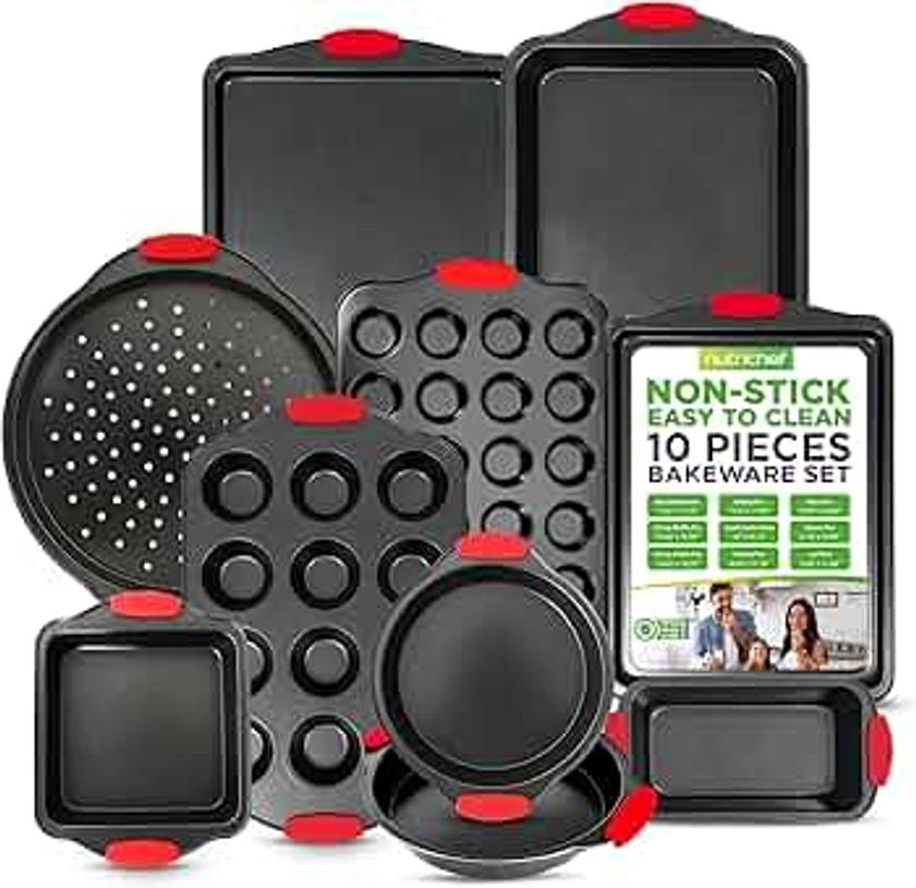 NutriChef NCSBS10S 10-Piece Carbon Steel Nonstick Bakeware Baking Tray Set w/Heat Red Silicone Handles, Oven Safe, Iron, Cookie Sheet