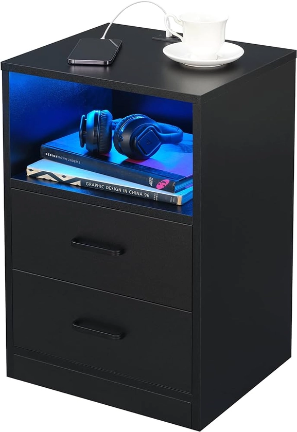 PrimeZone LED Nightstand with Charging Station - Modern Night Stand End Side Table with USB Ports & Outlets, Wooden Bedside Table with 2 Drawers & Open Storage LED Lights for Bedroom, Black