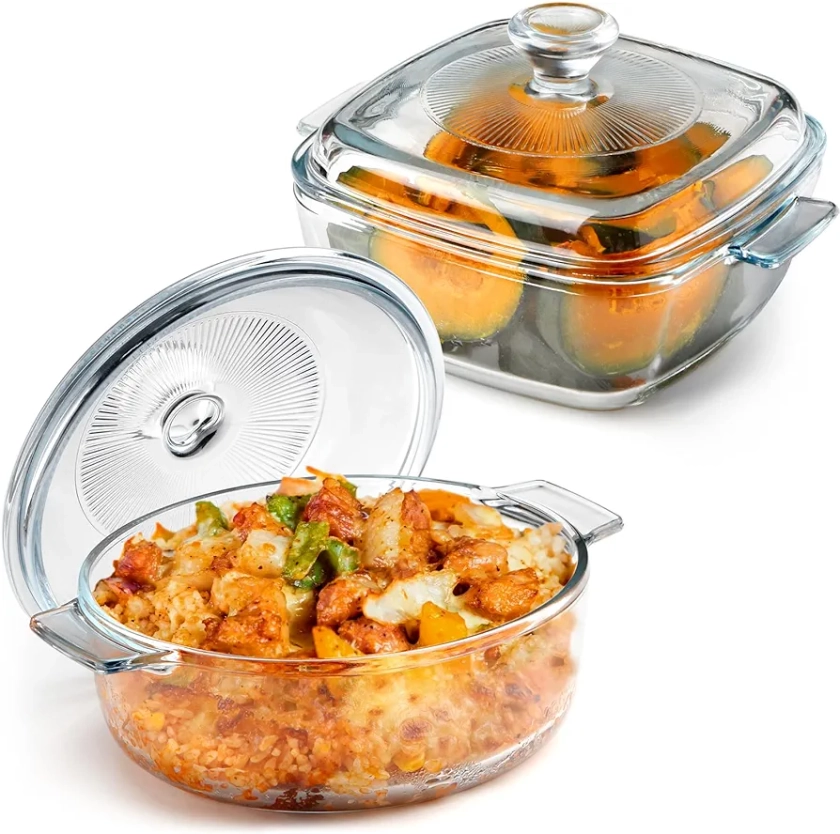 NUTRIUPS Mini Glass Casserole Dish Set with Lid Oven Safe Casserole Dish Set 2 Pack (5.9in Square+6in Round), Glass Microwave Bowl With Glass Lid Casserole Cookware