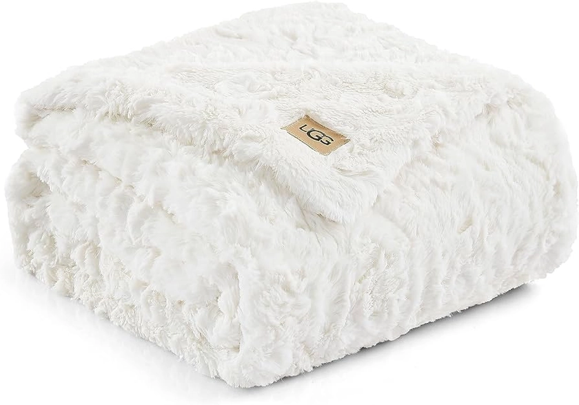 UGG 10483 Adalee Soft Faux Fur Reversible Accent Throw Blanket Luxury Cozy Fluffy Fuzzy Hotel Style Boho Home Decor Soft Luxurious Comfy Blankets for Couch, 70 x 50-Inch, Natural