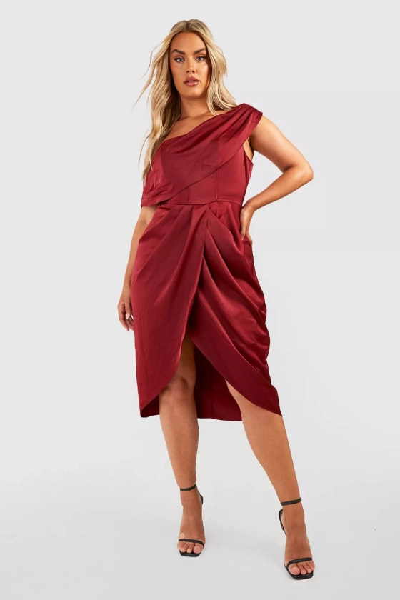 Plus Satin Corset Shoulder Wrap Midi Dress