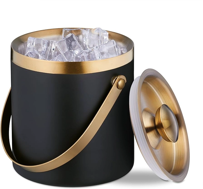 Relaxdays Ice Cube Bucket, 90% stainless steel 10% silicone, Bottle Cooler Black/Gold, 17 x 17 x 16 cm