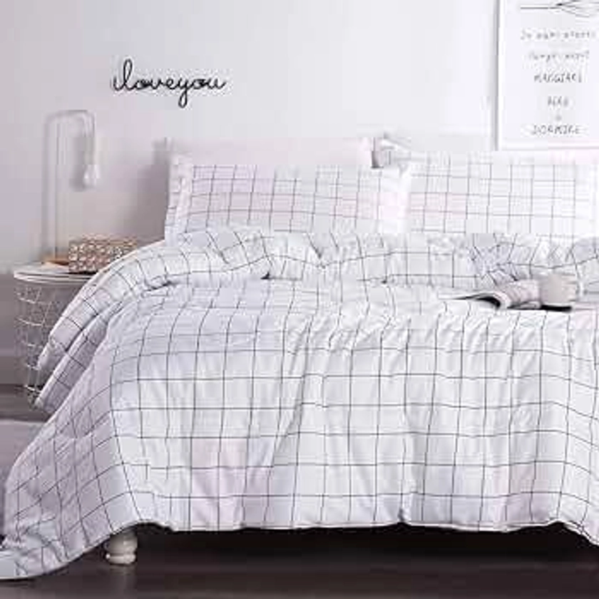 Andency White Grid Comforter Set Queen Size (90x90 Inch), 3 Pieces(1 Grid Comforter and 2 Pillowcases), Summer Lightweight Microfiber Down Alternative White Comforter with Black Lines