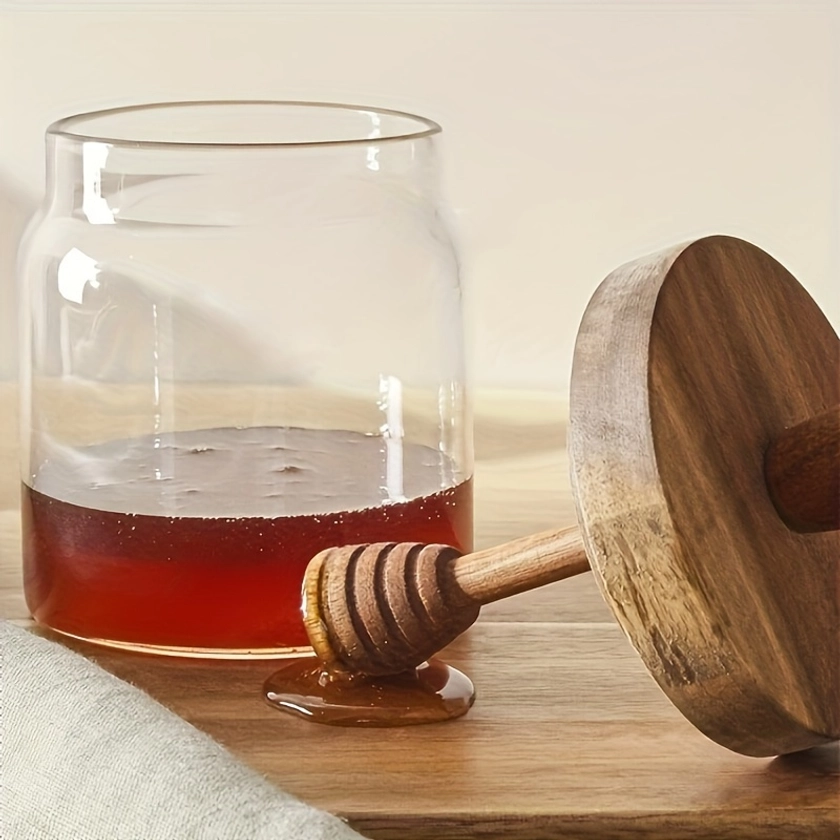 1 pot en verre de qualité supérieure avec couvercle en bois et bâtonnet en bois, pot en verre scellé, pot en verre borosilicaté, pot à miel transparent, articles de rangement pour *, convient à la maison, à la cuisine et au restaurant.