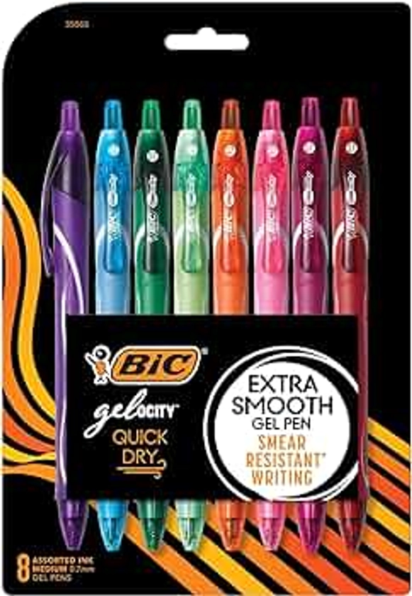 BIC Gelocity Quick Dry Assorted Colors Gel Pens, Medium Point (0.7mm), 8-Count Pack, Retractable Gel Pens With Comfortable Full Grip