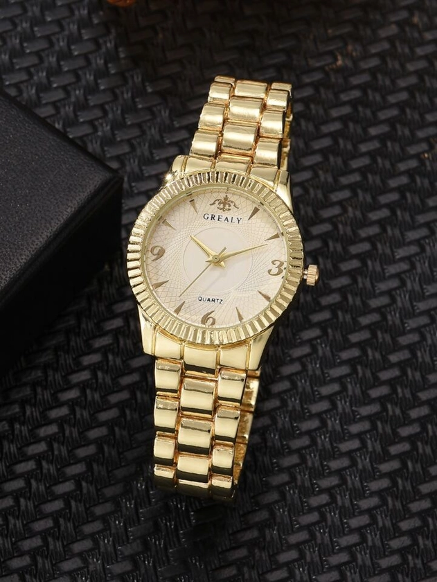 1pc Grealy Ladies Watch Round Pointer Quartz Watch Gold Watch Fashionable And Casual Gift
