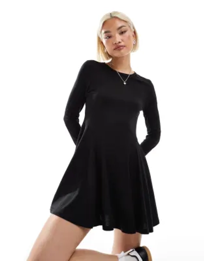 Monki long sleeve mini skater dress in black