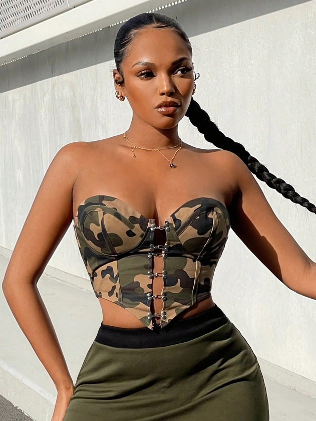 SHEIN SXY Camo Print Hook And Eye Front Tube Top