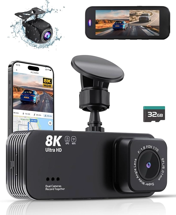 Dash Camera for Cars, Ultra HD 8K Dash Cam, Dash Cam Front and Rear with 32GB Card, Build in WiFi & GPS,3.16" IPS Screen, WDR, Night Vision, 170°Wide Angle, 24h Parking Mode