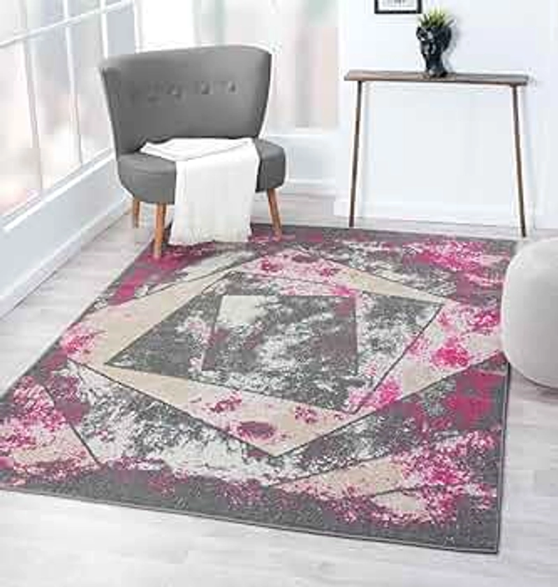 homeart Living Room RUG - Short Pile, Bordered, Soft, Area Carpet for Bedroom & Home Decoration, Square Pattern Rugs, Contemporary, Small to Extra Large (Grey_Pink, 200 x 290 cm)