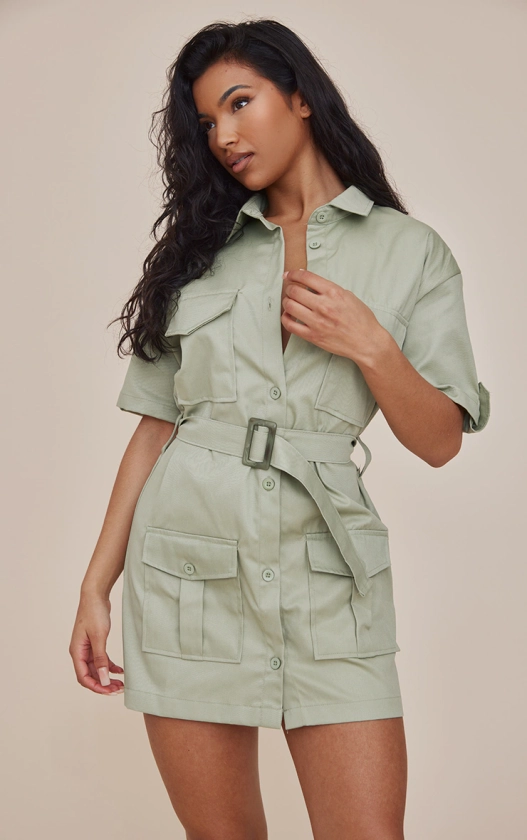 Sage Cargo Shirt Sleeve Belted Shirt Dress