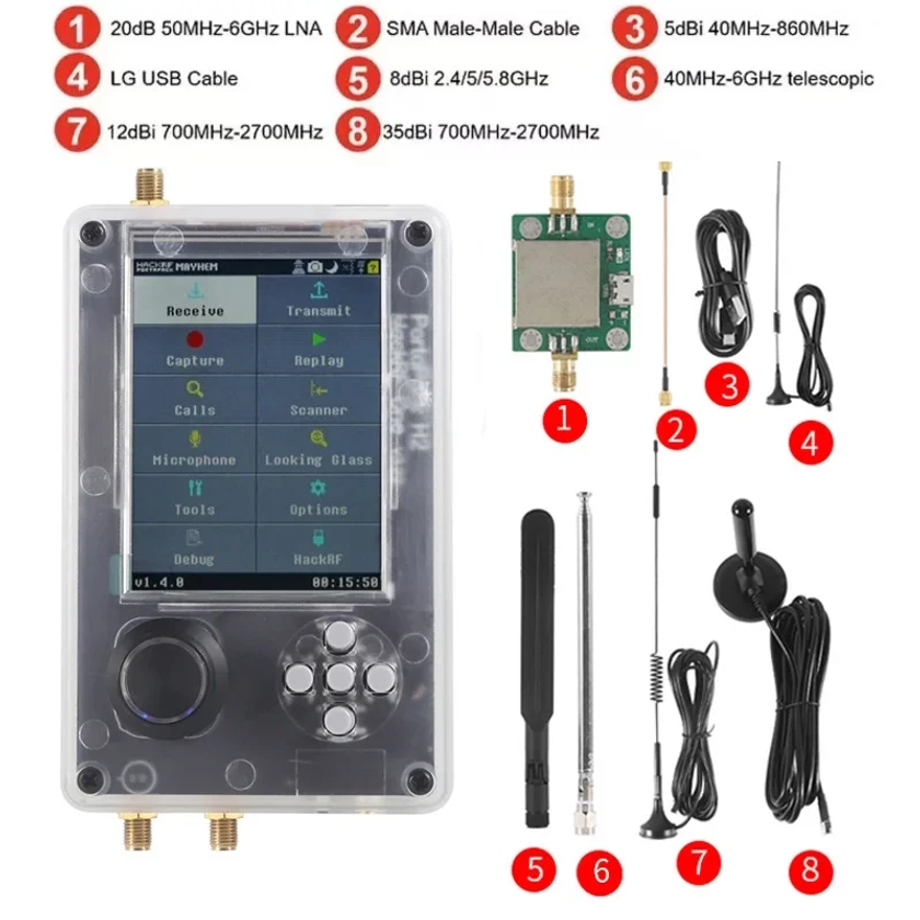 HackRF One R9 V1.8.x + Upgraded PortaPack H2 3.2" LCD + Shell Assembled + Antenna + USB Cable