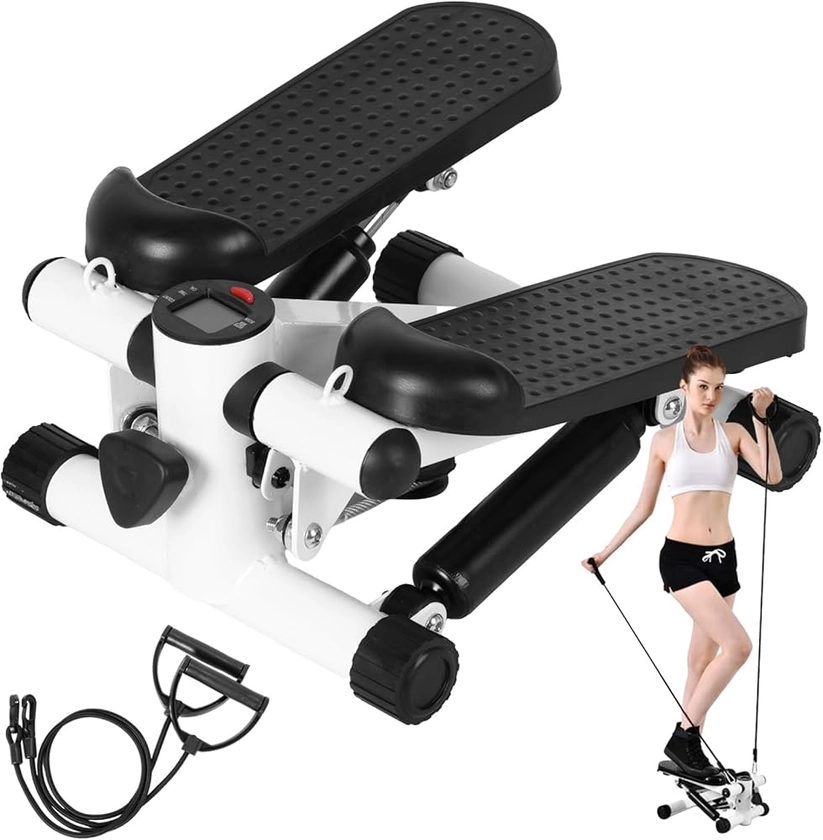 Home Exercise Steppers, Mini Steppers with Resistance Bands, Air Powered Stair Steppers with Weight Loading, Super Quiet Hydraulic Fitness Stepper with LED Monitor Black