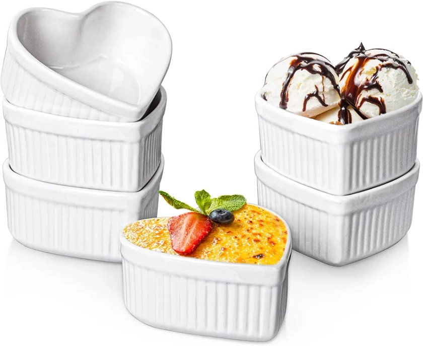 Delling Creme Brulee Ramekins 6 Oz Oven Safe, Heart Shaped Ramekins/Bowls, Small Baking Ceramic Ramekins Dishes for Creme Brulee Souffle Desserts Soups Snacks Quiche Appetizers, Set of 6, White