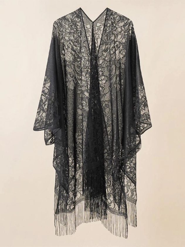 1pc Floral Pattern Fringe Trim Shawl Boho Beach Cover Up