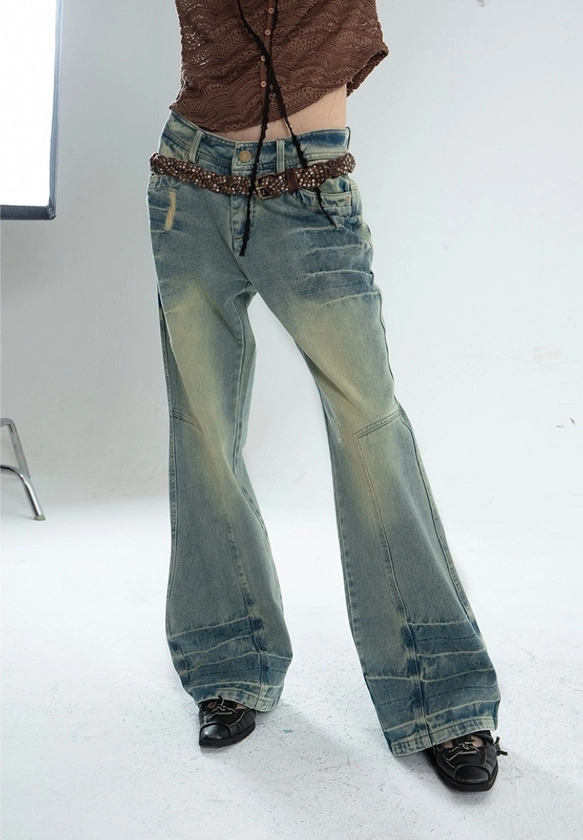 Double Punch Low rise loose straight wide leg flare jeans - shop.cor