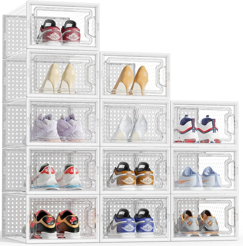 HOMIDEC Cajas de Zapatos,12 pcs Cajas de Almacenamiento de Zapatos de Plástico Transparente Apilables, Contenedores Organizadores de Zapatos con tapas para Mujeres/Hombres，33.2x 23.5 x 14.5 cm