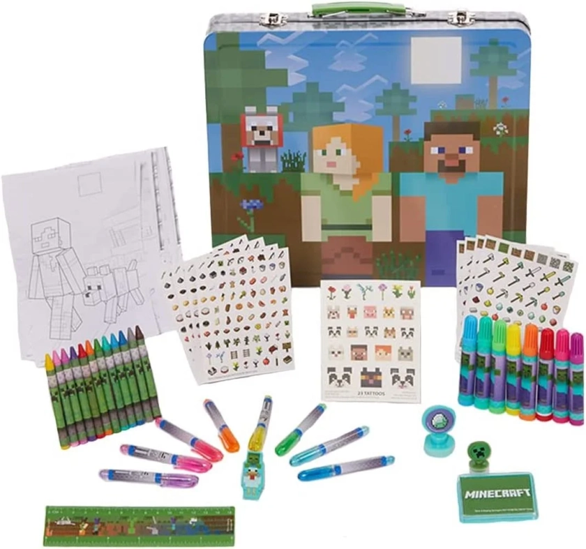 Minecraft Kids Art Kit with Carrying Tin Gel Pens Markers Stickers 500 pc