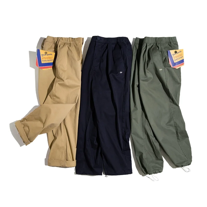 Maden Vintage Khaki Easy Pants for Men Casual Elastic Waist  Straight Trousers Skateboarding Jogger Ankle-tied Drawstring Pants