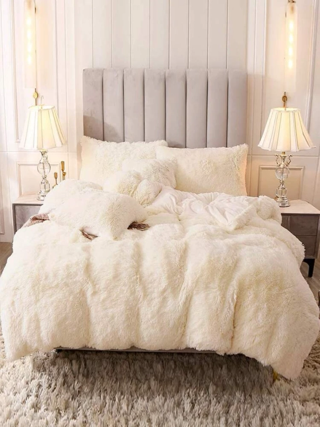 Parure de lit unicolore (sans bourre), parure de lit en peluche, housse de couette super douce et shaggy et taie d'oreiller assortie | Mode en ligne | SHEIN FRANCE