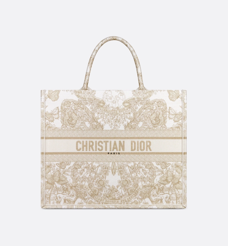 Sac Dior Book Tote Large Broderie Butterfly Around the World dorée et blanche (42 x 35 x 18,5 cm) | DIOR