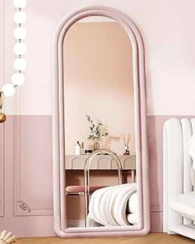 Floor Mirror, Arched Full Length Mirror with Stand, Standing Mirror, 63"x24" Full Body Mirror, Large Mirror, Wall Mirror, Freestanding, Wall Mounted, Flannel Frame - Pink