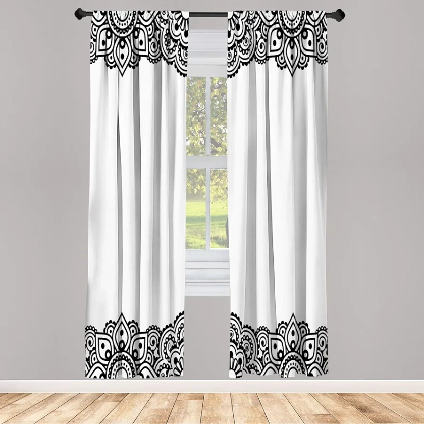 Ambesonne Abstract Window Curtains, Damask Inspired Border Design Folkloric Curls Flowers Retro Style Cultural, Lightweight Decorative 2-Panel Set & Rod Pocket, Pair of - 28" x 84", White and Black