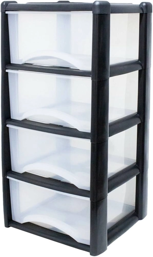 Neat. 4 Plastic Storage Drawers, Space-Saving Draws for Office & Home, Plastic Drawers Storage Unit - Durable Plastic Storage Draws - Storage Drawers Unit - H80cm x L39cm x W39cm - Black/Clear
