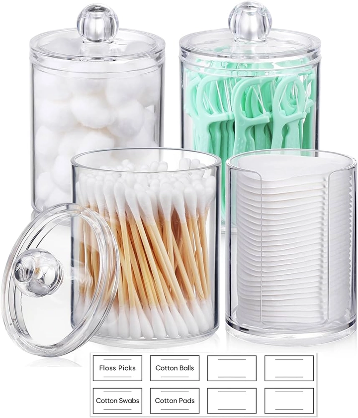 4 Pcs, 10 OZ Qtip Holder Dispenser for Cotton Ball, Cotton Swab, Cotton Round Pads, Floss - Clear Plastic Apothecary Jar Set for Bathroom Canister Storage Organization, Vanity Makeup Organizer