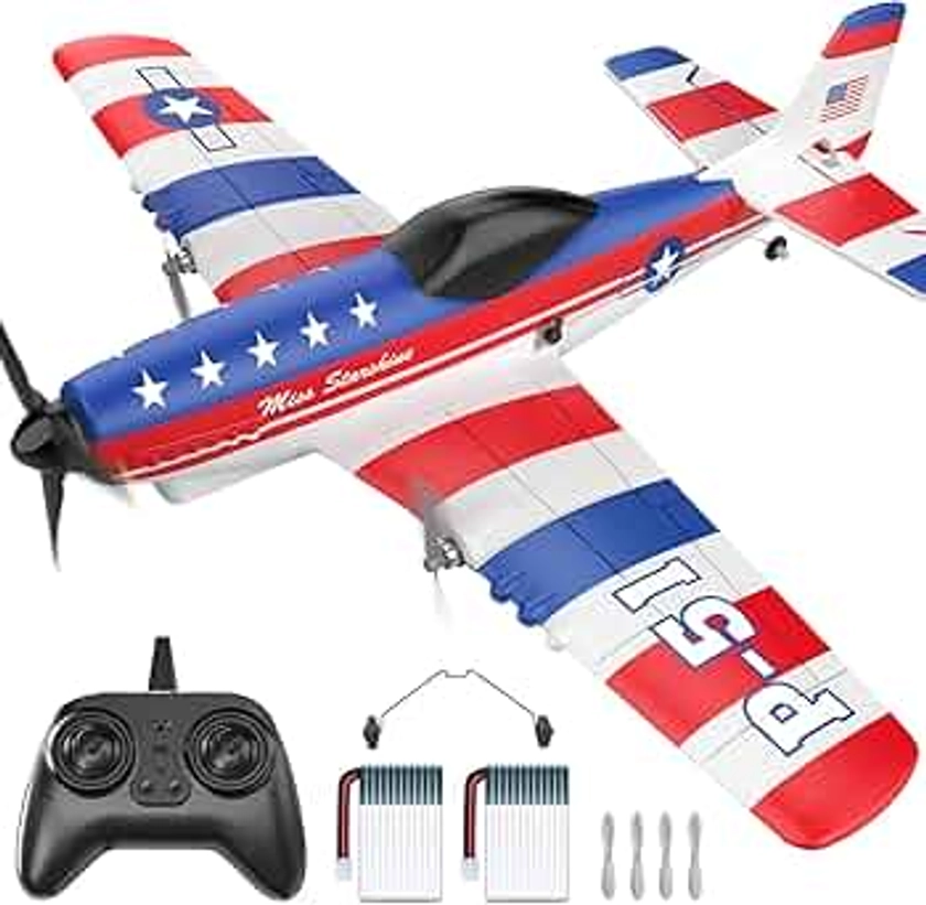 DEERC RC Plane 3 Channel P51D Mustang Remote Control Airplane Fighter Toys,2.4GHz 6-axis Gyro Stabilizer RTF Glider Aircraft Plane with 2 Batteries,Easy to Fly for Adults Kids Beginners Boys