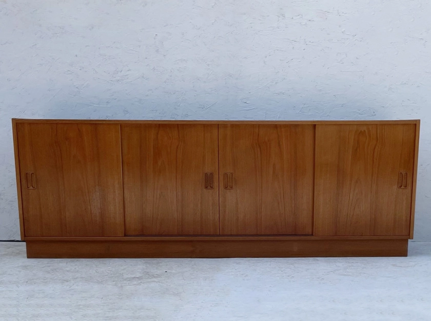 Mid Century Danish, Plinth Based Sideboard In Teak With Sliding Doors | Vinterior