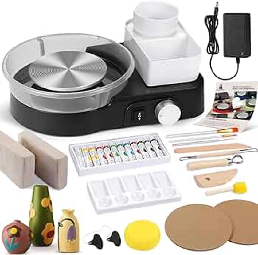 Pottery Wheel for Adults - Complete Pottery Tools Kit for Beginners, 6" Turntable Two-Way Rotation Adjustable Speed, 2.2 lbs. Air Dry Clay, Mini Clay Making Pottery Wheel with Storage Design (Black)