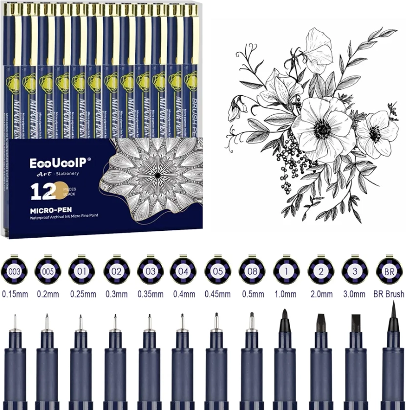 EooUooIP Stylos fineliner noirs, 12 stylos fineliner pour le dessin technique, stylos pinceau pour le croquis, les illustrations, l'écriture manuscrite, la calligraphie, les artistes, le dessin