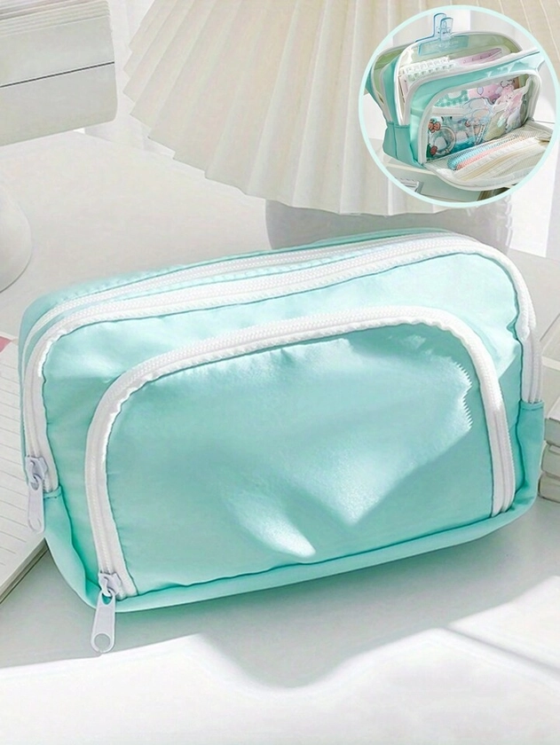 1pc Super Large Capacity Simple Multilayer Separated Pencil Case With Clear Window, Dirt-resistant Stationery Bag