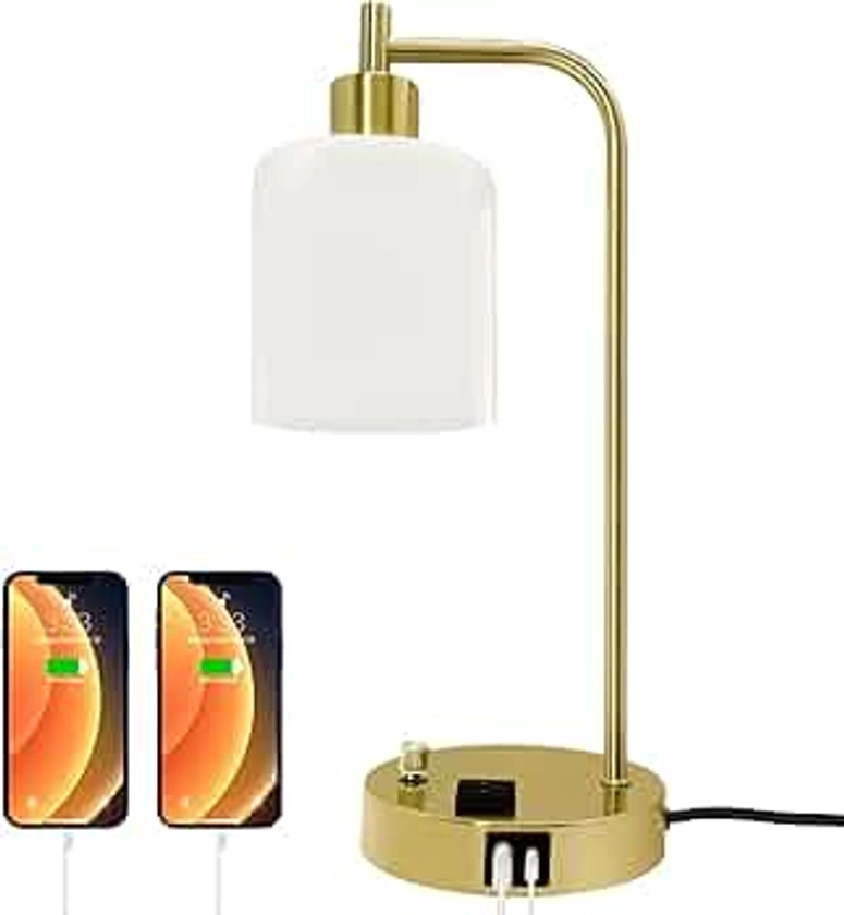 Industrial Table Lamp, Stepless Dimmable Gold Desk Lamp with 2 USB Ports and AC Power Outlet, Frosted GlassShade, Eye-Caring Bedside Nightstand Lamps for Bedroom Living Room (Gold)